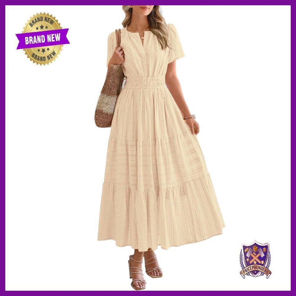 Lightweight Midi Dress with Pockets, Elastic Waist, V-Neck, Short Sleeve